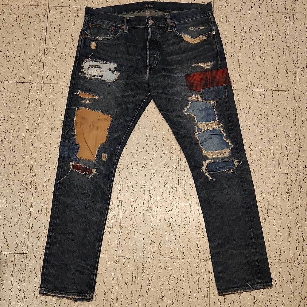 Polo Ralph Lauren Straight Tapered Fit Distressed Patchwork Jeans Vintage Y2K